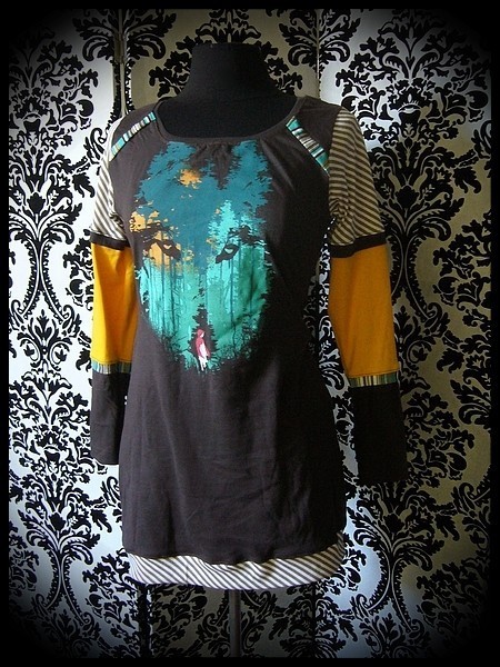 Brown green yellow tunic top Threadless wolf - size S/M