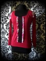 Red top with pink floral print and black lace - size S/M