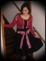 Red top with pink floral print and black lace - size S/M