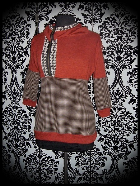 Sweat capuche maille orange brique détails vichy marron - taille S/M