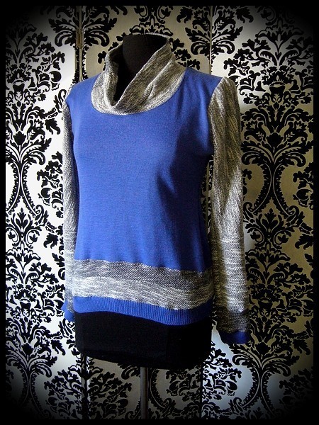 Royal blue sweater w/ cowl neck marbled blue/gray details - size S/M