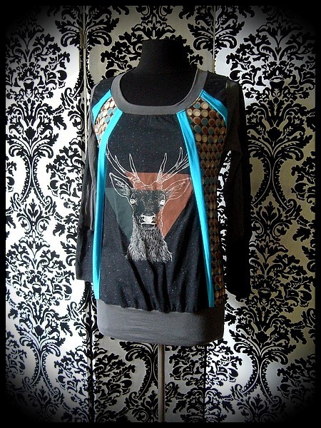 Haut noir gris turquoise détails pois motif cerf - taille S/M