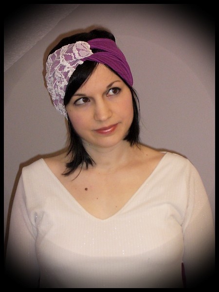 Plum / cream lace twisted turban