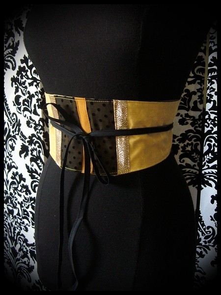 Yellow / black obi belt beige mustard details - one size fits most