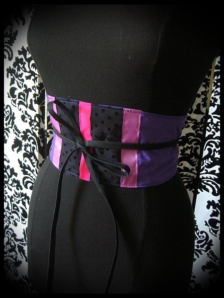 Purple / black obi belt light pink hot pink details - one size fits most