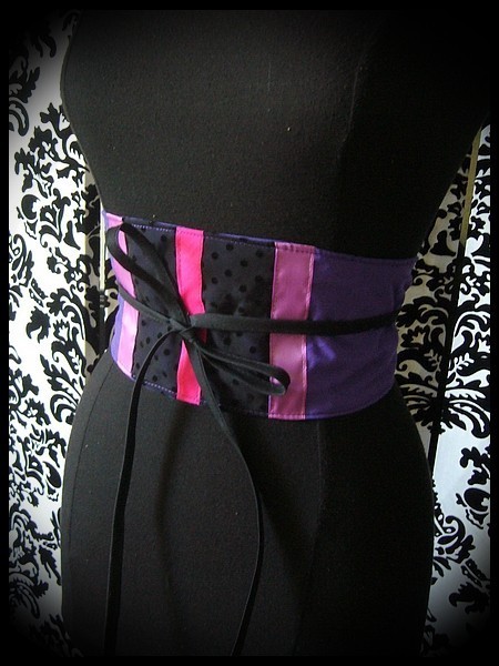 Ceinture obi violet noir détails rose clair et rose vif - taille unique