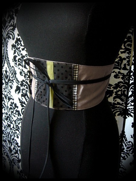 Taupe / black obi belt khaki and gingham details - one size fits most