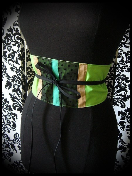 Neon green / black obi belt green and beige details - one size fits most