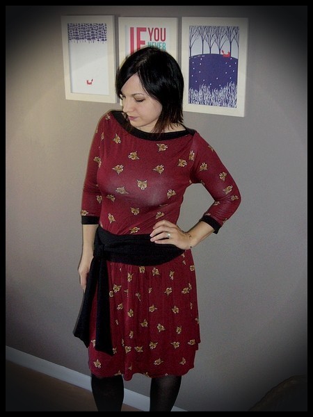 Dark red dress black details fox print - size S/M