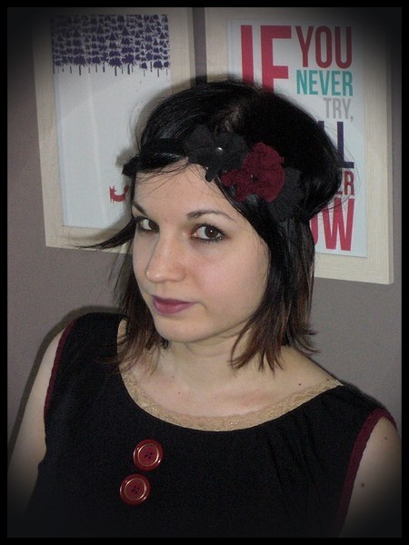 Black headband w/ black and dark red flowers