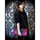 Black fake leather bag clutch frambosia / hot pink glitter details