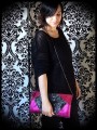 Black fake leather bag clutch frambosia / hot pink glitter details