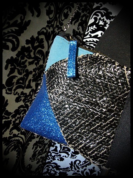 Black fake leather bag clutch sky blue / royal blue glitter details