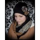 Bonnet noir fleurs en tissu tons marrons