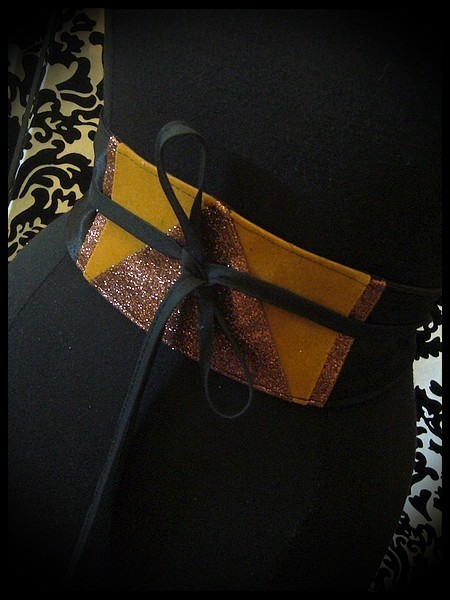 Ceinture obi satin noir détails camel et marron pailleté - taille unique