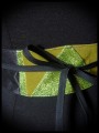 Black satin obi belt khaki green / bright green glitter details - one size fits most