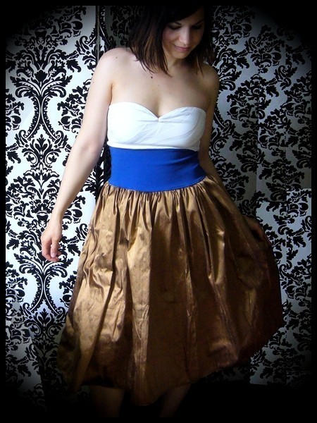 Strapless dress white blue bronze wild silk - size S/M