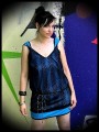 Blue trapeze dress black lace - size S/M