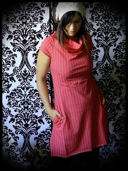 Red draped dress with pockets Japanese print - size S/M