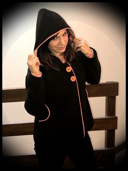 Black wool coat w/ hood and pockets coral details - size S/M