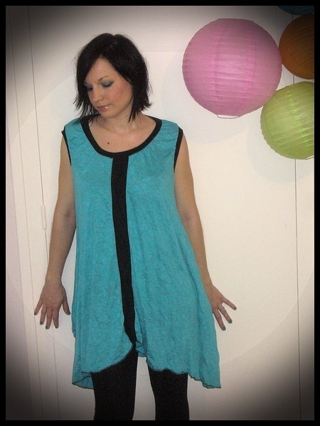 Asymmetric turquoise blue dress black details - size L/XL