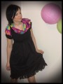 Black dress with asymmetric split collar hot pink Teddy bears print - size M/L