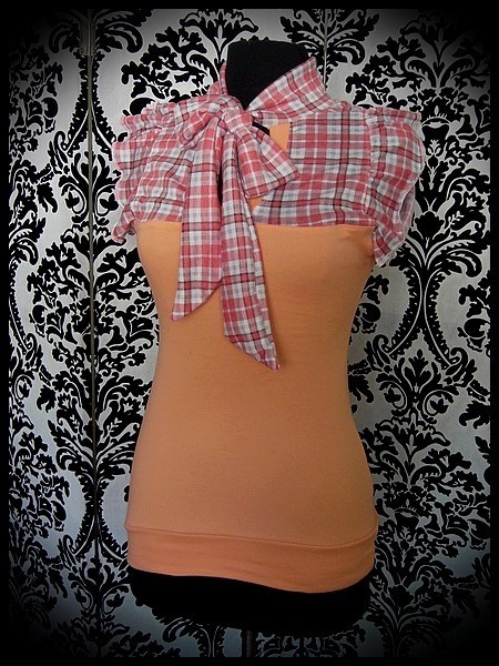 Pussy bow peach/orange top plaid print - size XS/S