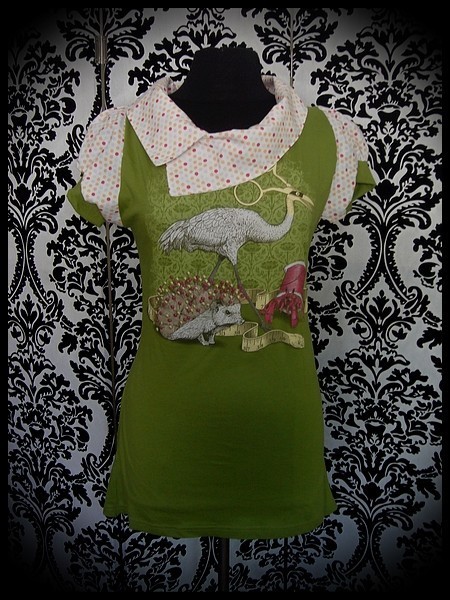 Olive green tunic top asymmetric split collar Threadless sewing basket - size M