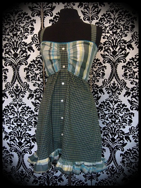 Khaki green turquoise dress plaid print - size S/M