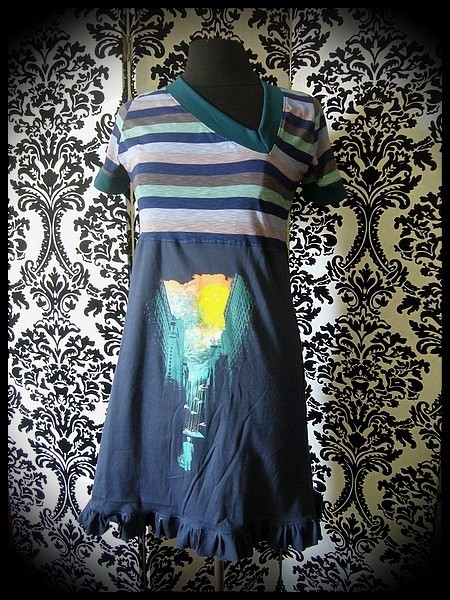 Blue dress Threadless asymmetrical neckline stripes - size S/M