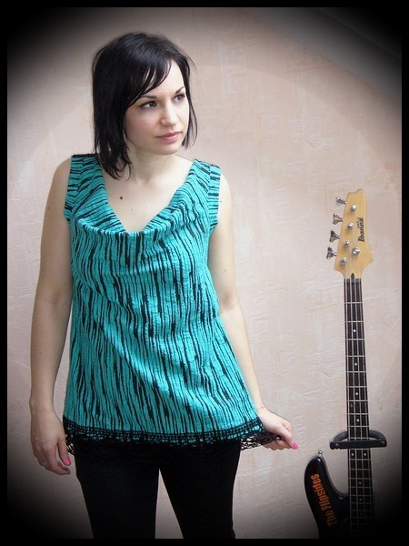 Turquoise blue black striped top crochet back - size S/M