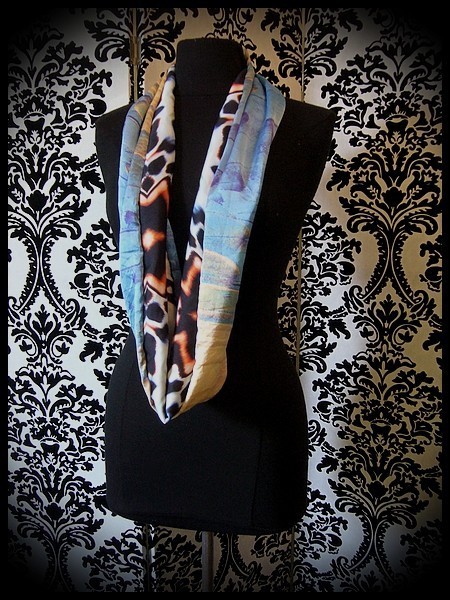 Sky blue silk tubular scarf black/orange/blue lining