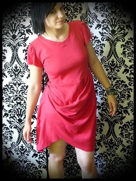 Tomato red asymmetrical draped dress / tunic top  - size M/L